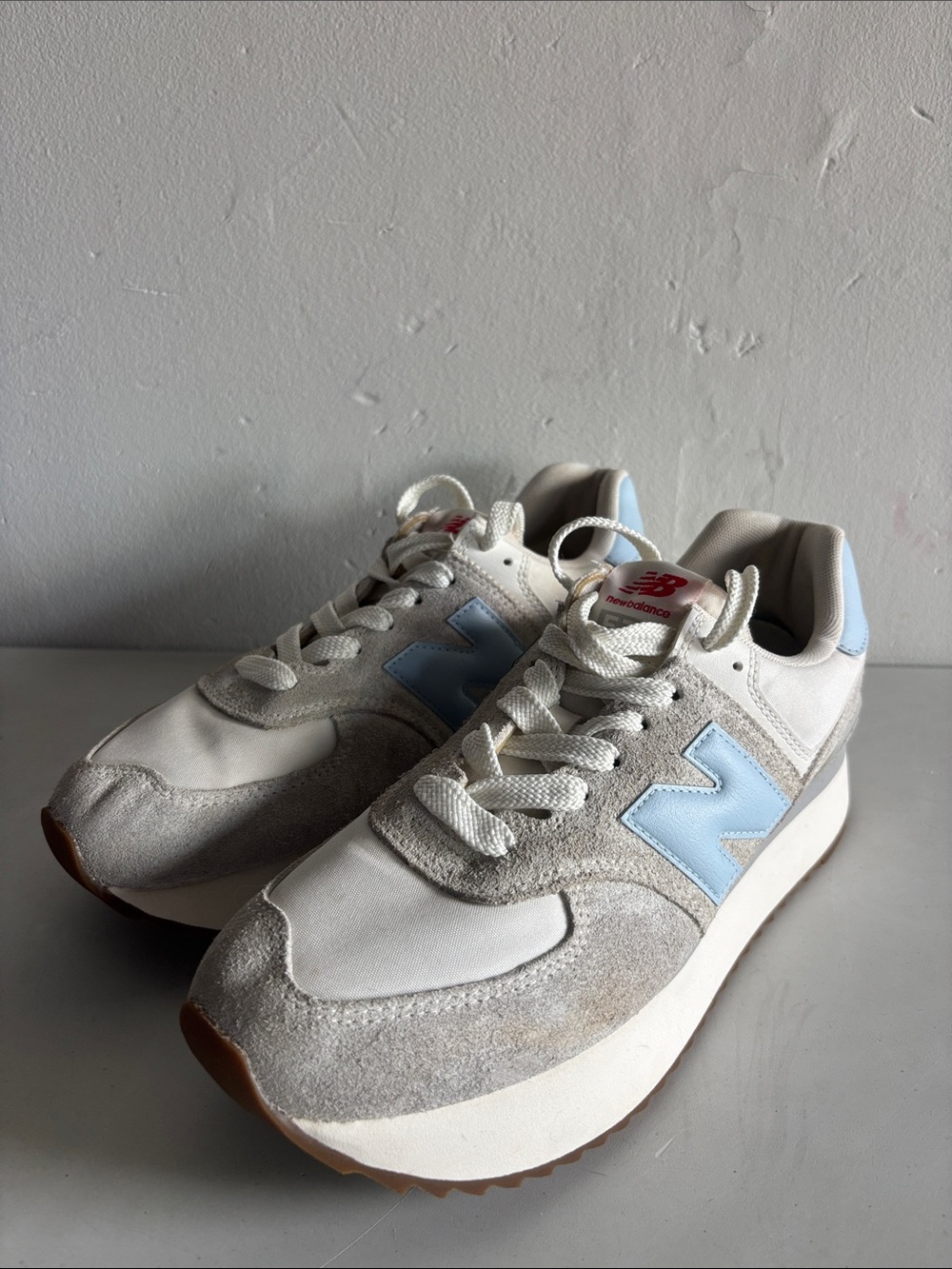 New Balance 574 Cream & Light Blue Retro-Inspired Sneakers - Picture 2 of 6